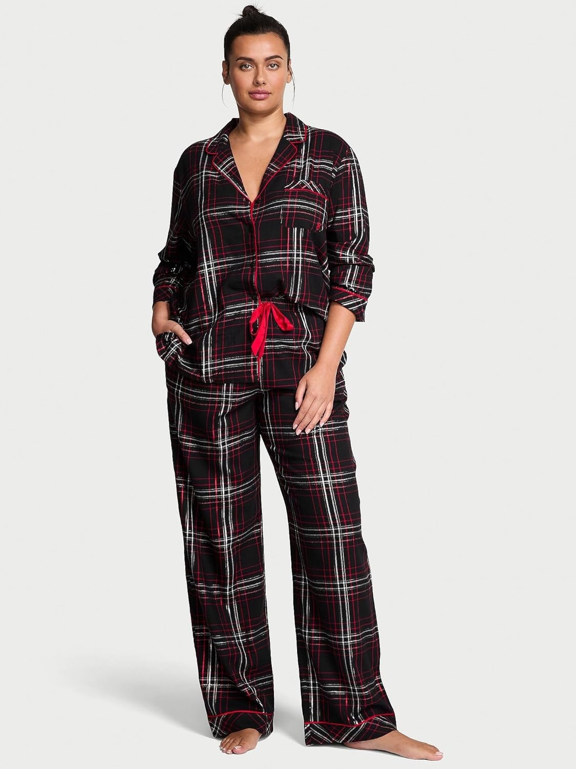 image:imageVictorias Secret Flannel Pajama Set Long Sleeve Button Down Shirt amp Pants Sleepwear for Women XSXXLBlack Plaid