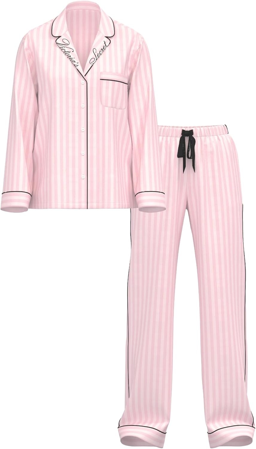 image:imageVictorias Secret Flannel Pajama Set Long Sleeve Button Down Shirt amp Pants Sleepwear for Women XSXXLPink Iconic Stripe Embroidery