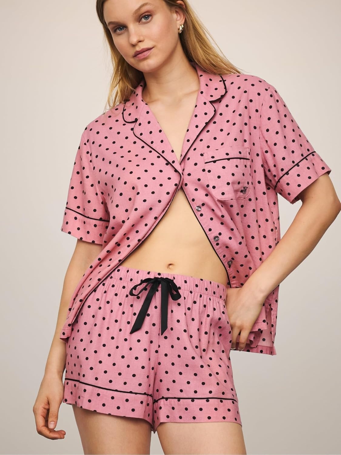 image:imageVictorias Secret Flannel Pajama Set Short Sleeve Shirt and Pajama Short Set Sleepwear for Women XSXXLBlack Dot