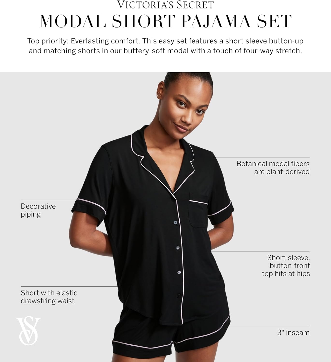 image:imageVictorias Secret Modal Pajama Set Short Sleeve Button Down Shirt and Shorts Sleepwear for Women XSXXLBlack