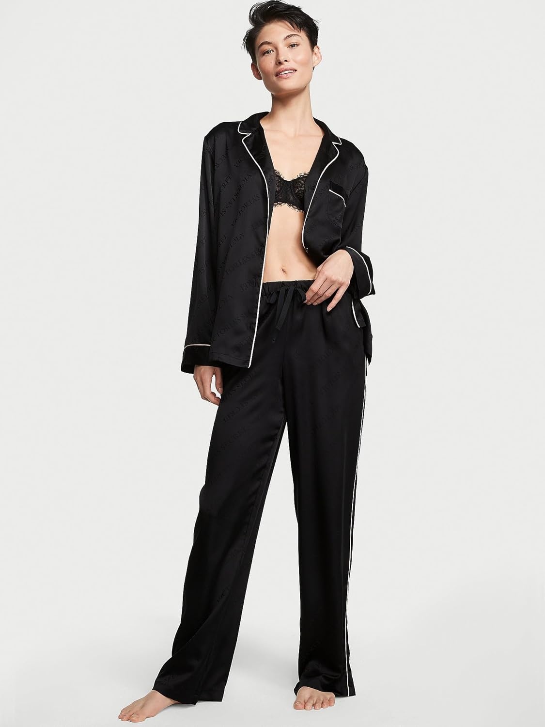 image:imageVictorias Secret Satin Pajama Set Long Sleeve Button Down Shirt amp Pants Sleepwear for Women XSXXLBlack