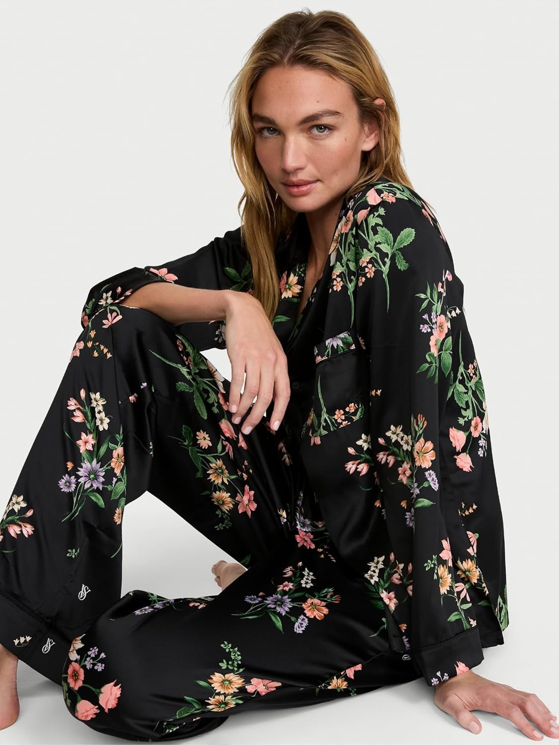 image:imageVictorias Secret Satin Pajama Set Long Sleeve Button Down Shirt amp Pants Sleepwear for Women XSXXLBlack Botanical