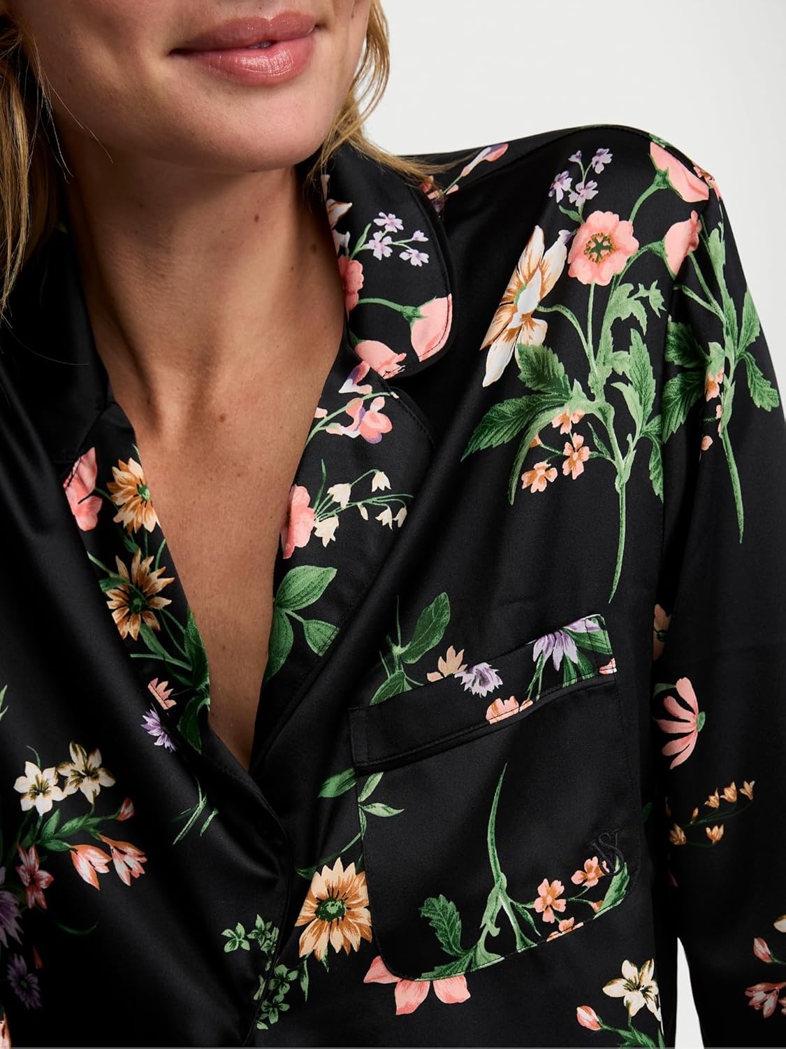 image:imageVictorias Secret Satin Pajama Set Long Sleeve Button Down Shirt amp Pants Sleepwear for Women XSXXLBlack Botanical
