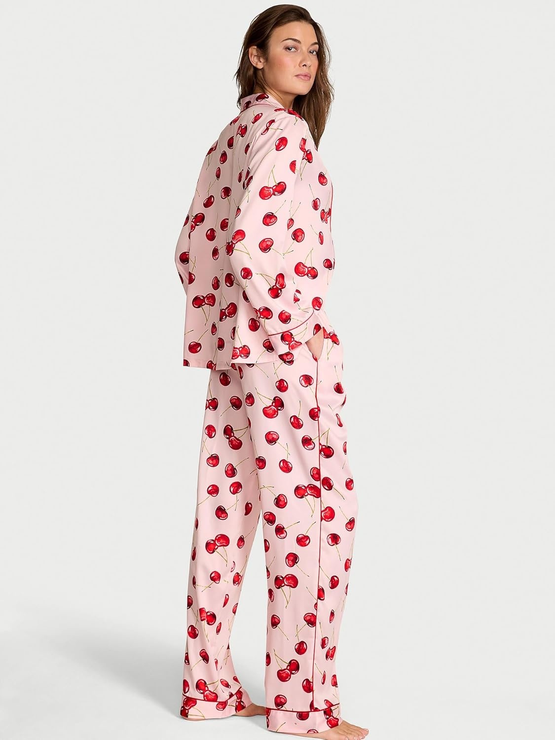 image:imageVictorias Secret Satin Pajama Set Long Sleeve Button Down Shirt amp Pants Sleepwear for Women XSXXLExploded Cherries