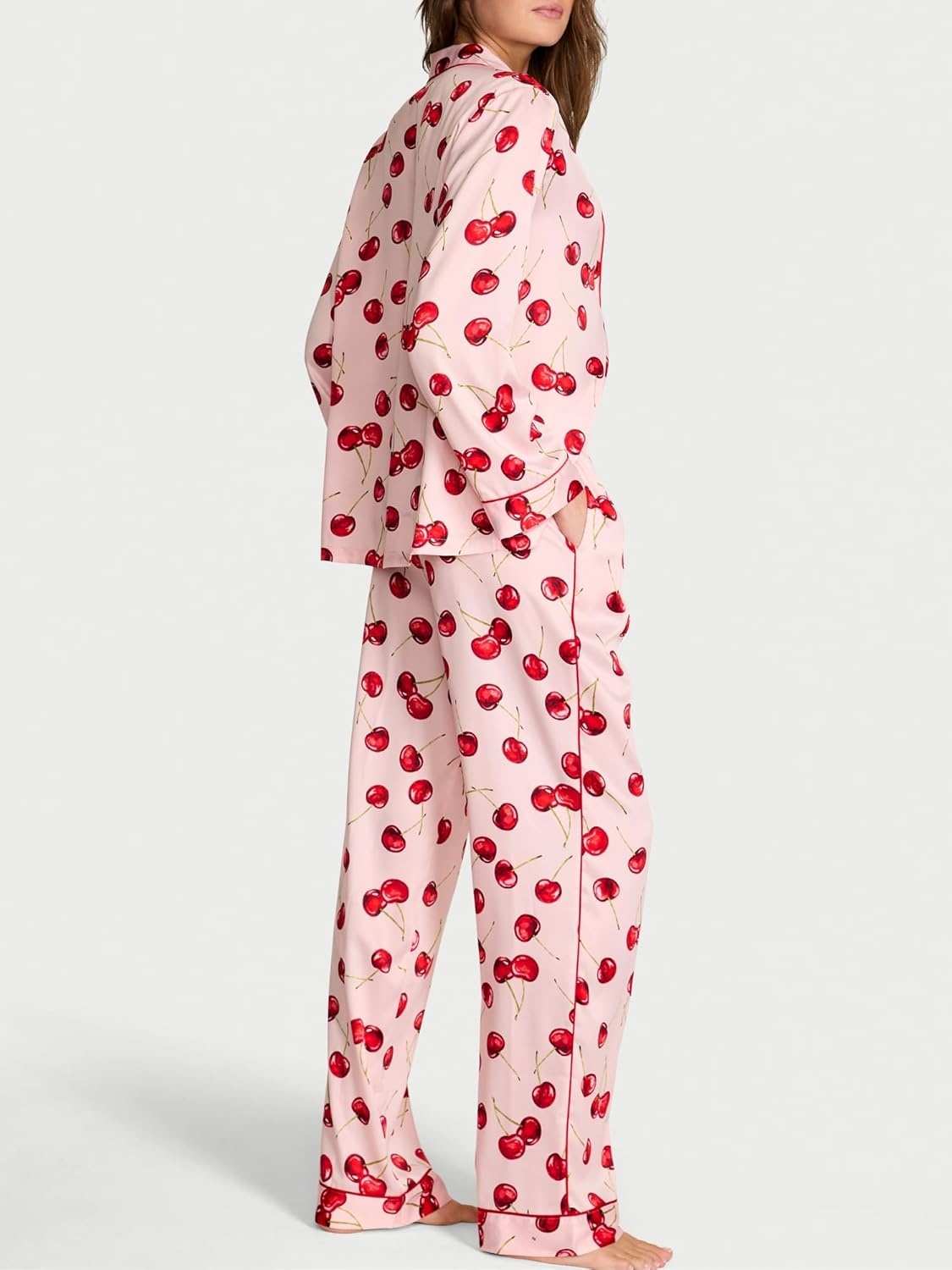 image:imageVictorias Secret Satin Pajama Set Long Sleeve Button Down Shirt amp Pants Sleepwear for Women XSXXLExploded Cherries