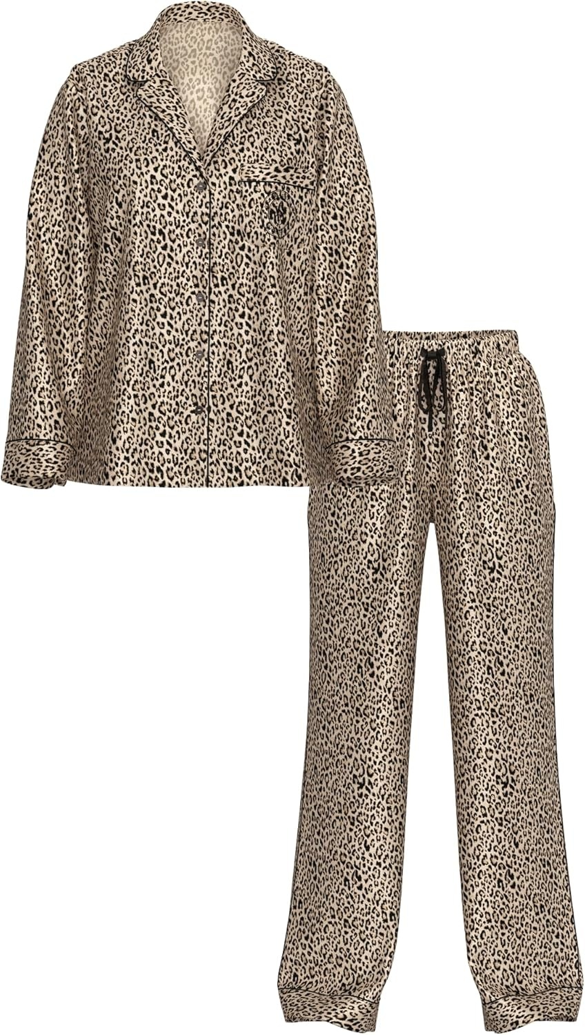 image:imageVictorias Secret Satin Pajama Set Long Sleeve Button Down Shirt amp Pants Sleepwear for Women XSXXLMarzipan Leopard