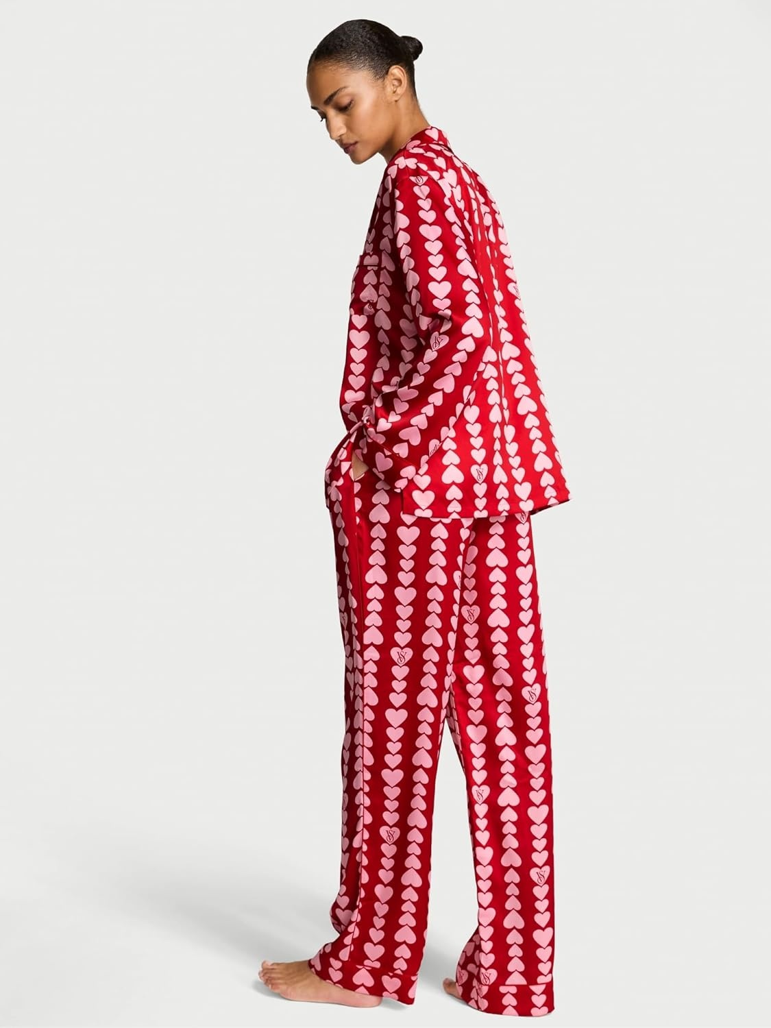 image:imageVictorias Secret Satin Pajama Set Long Sleeve Button Down Shirt amp Pants Sleepwear for Women XSXXLPink Scattered Hearts