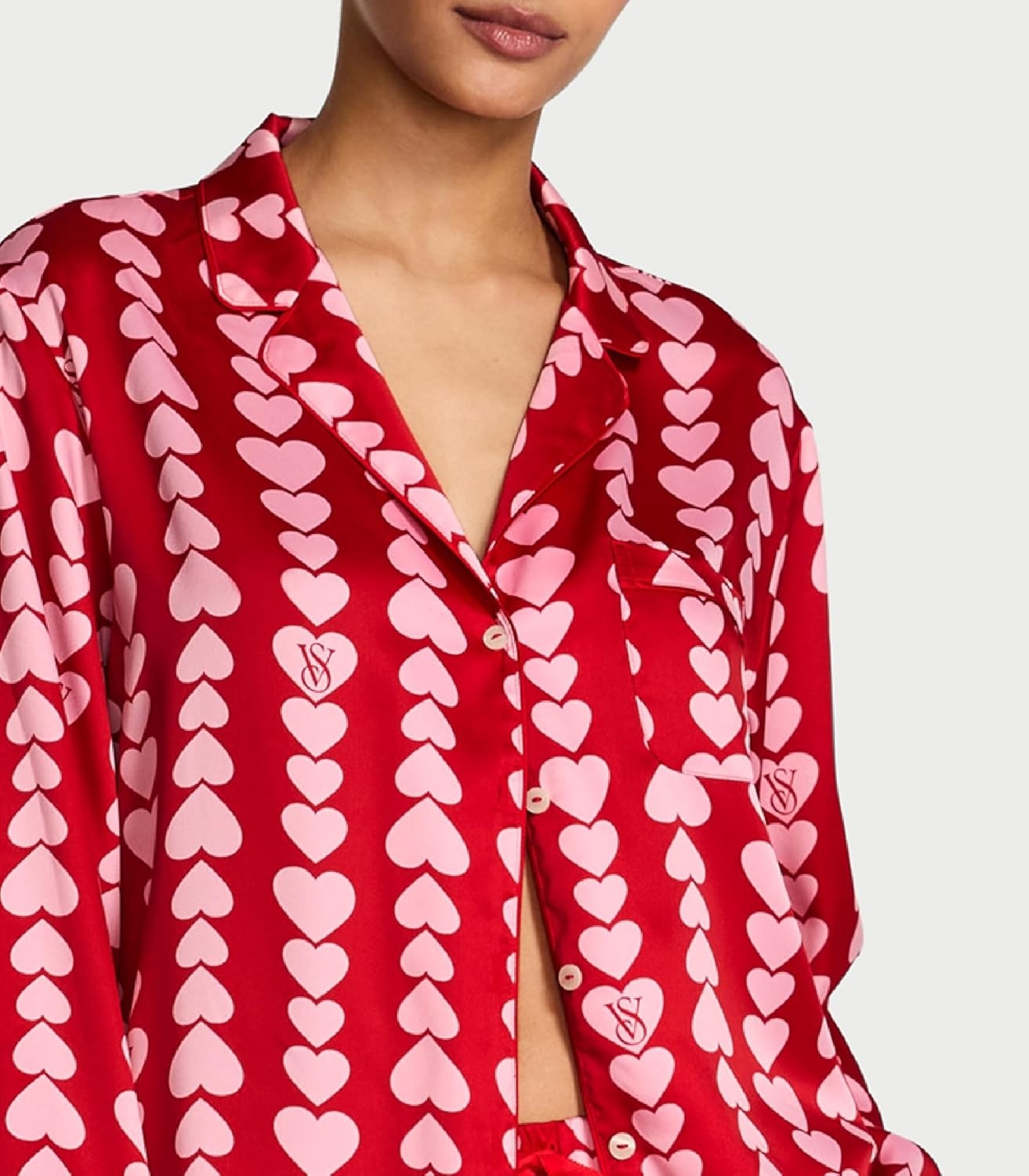 image:imageVictorias Secret Satin Pajama Set Long Sleeve Button Down Shirt amp Pants Sleepwear for Women XSXXLPink Scattered Hearts