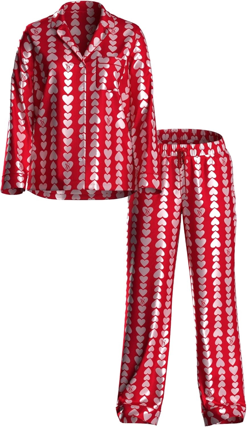 image:imageVictorias Secret Satin Pajama Set Long Sleeve Button Down Shirt amp Pants Sleepwear for Women XSXXLPink Scattered Hearts