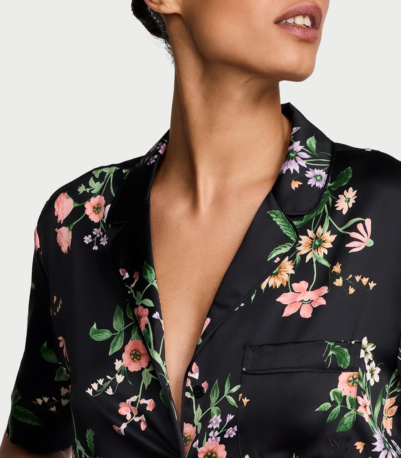 image:imageVictorias Secret Satin Pajama Set Short Sleeve Button Down Shirt amp Shorts Sleepwear for Women XSXXLBlack Botanical