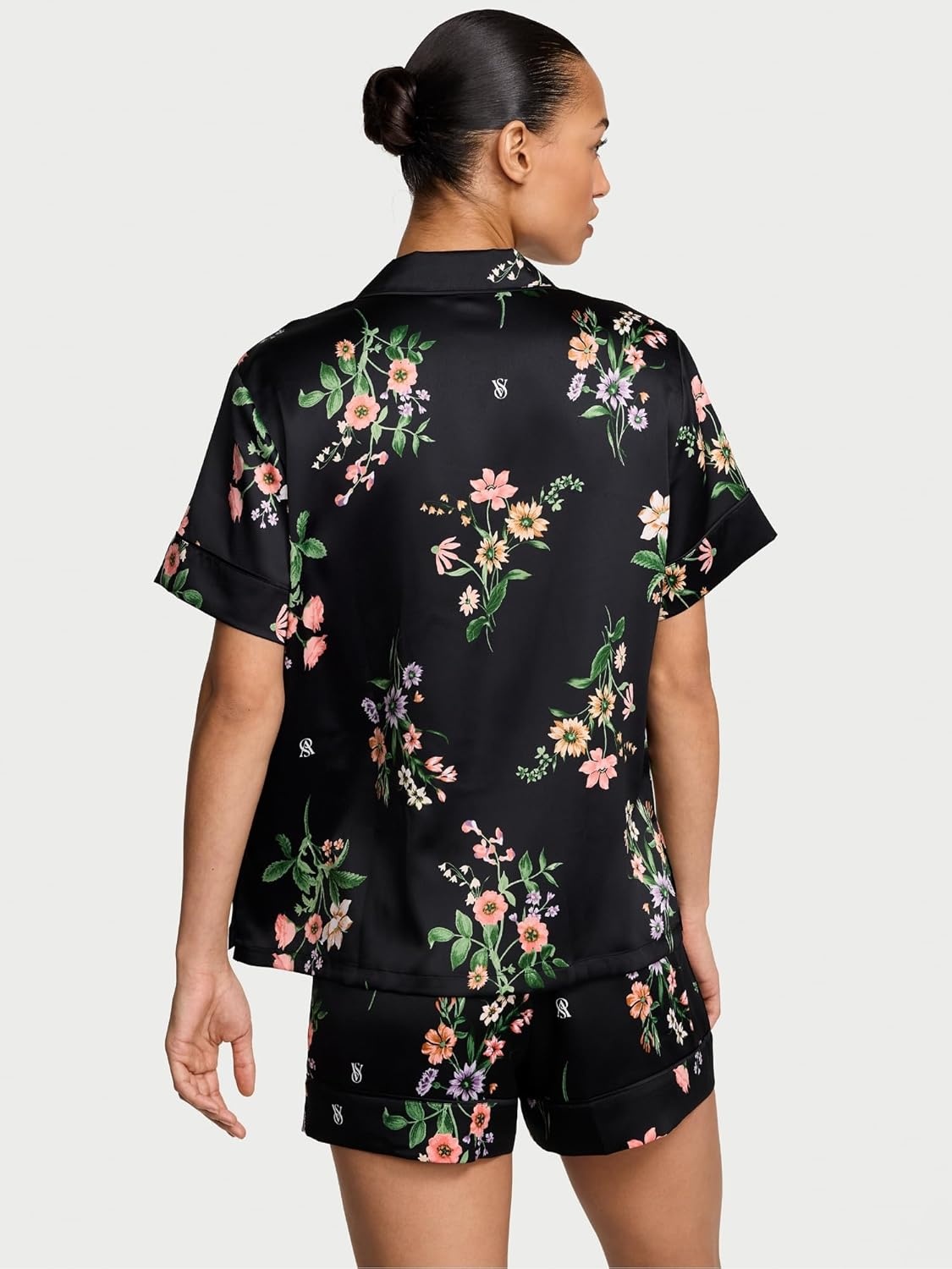 image:imageVictorias Secret Satin Pajama Set Short Sleeve Button Down Shirt amp Shorts Sleepwear for Women XSXXLBlack Botanical