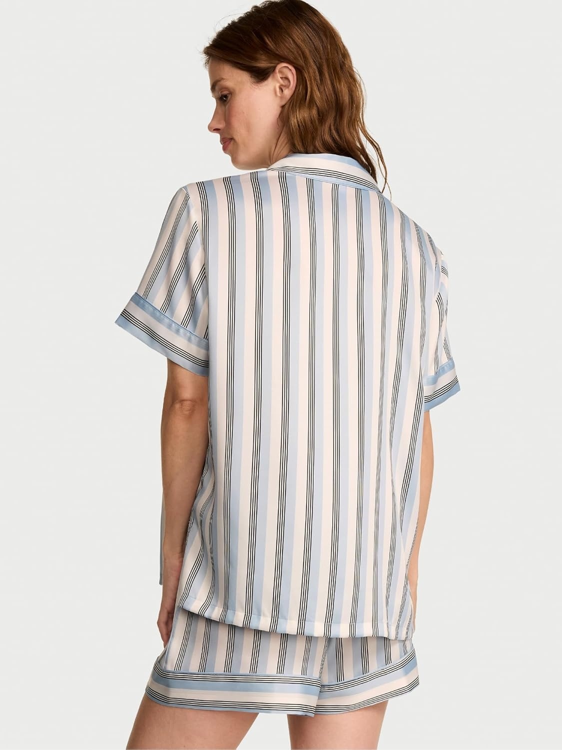 image:imageVictorias Secret Satin Pajama Set Short Sleeve Button Down Shirt amp Shorts Sleepwear for Women XSXXLCelestial Blue Stripes