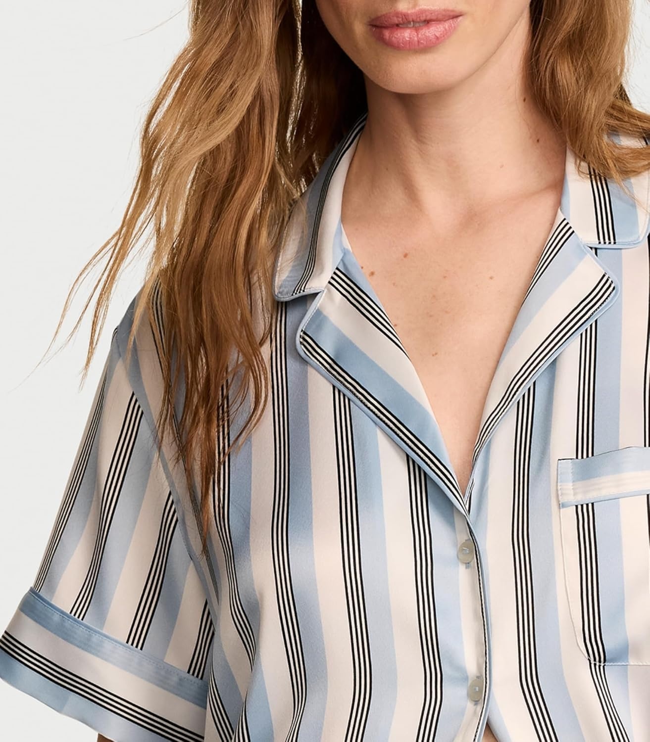 image:imageVictorias Secret Satin Pajama Set Short Sleeve Button Down Shirt amp Shorts Sleepwear for Women XSXXLCelestial Blue Stripes