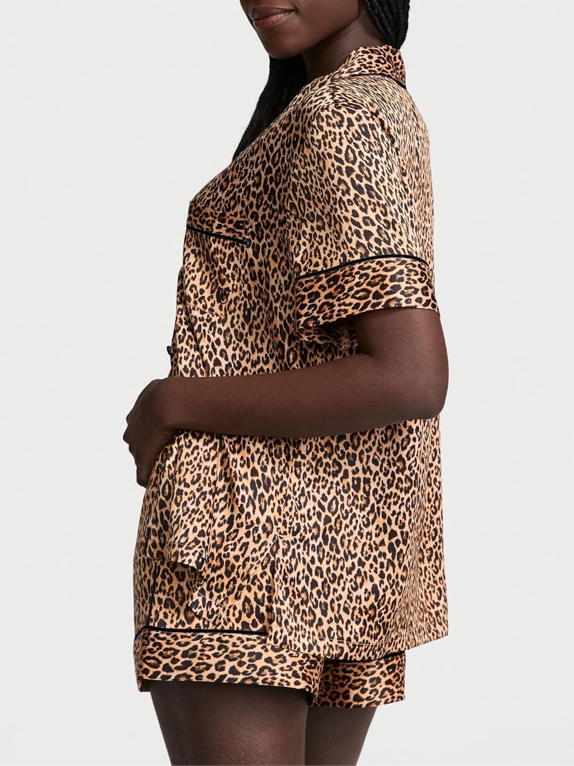 image:imageVictorias Secret Satin Pajama Set Short Sleeve Button Down Shirt amp Shorts Sleepwear for Women XSXXLMarzipan Leopard
