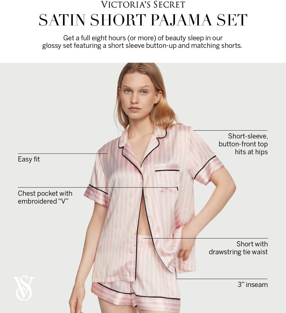 image:imageVictorias Secret Satin Pajama Set Short Sleeve Button Down Shirt amp Shorts Sleepwear for Women XSXXLPink Iconic Stripe