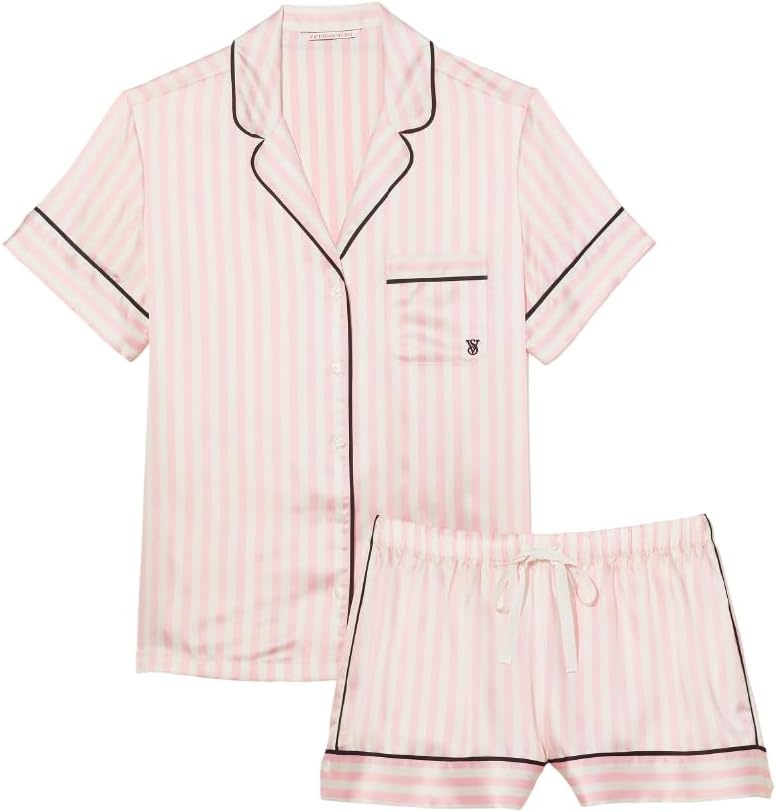 image:imageVictorias Secret Satin Pajama Set Short Sleeve Button Down Shirt amp Shorts Sleepwear for Women XSXXLPink Iconic Stripe
