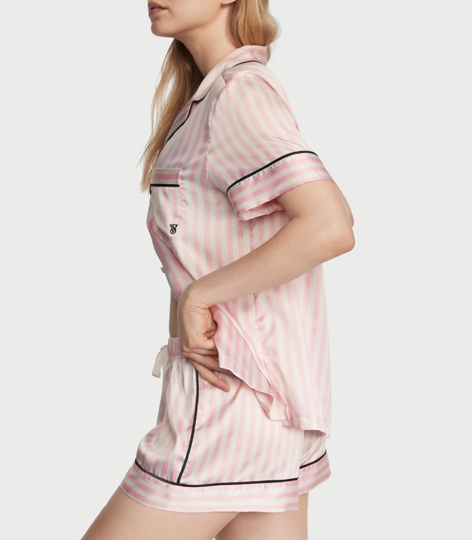 image:imageVictorias Secret Satin Pajama Set Short Sleeve Button Down Shirt amp Shorts Sleepwear for Women XSXXLPink Iconic Stripe