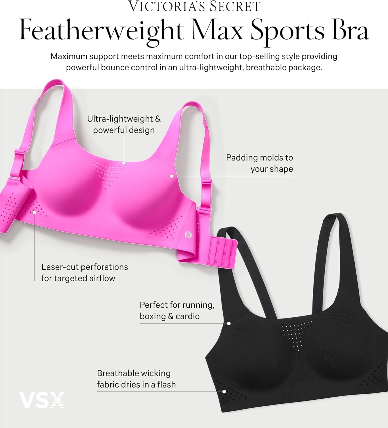 image:imageVictorias Secret Womens VSX Featherweight Max Sports Bra High Impact Wireless 32A38DDOnyx Gray