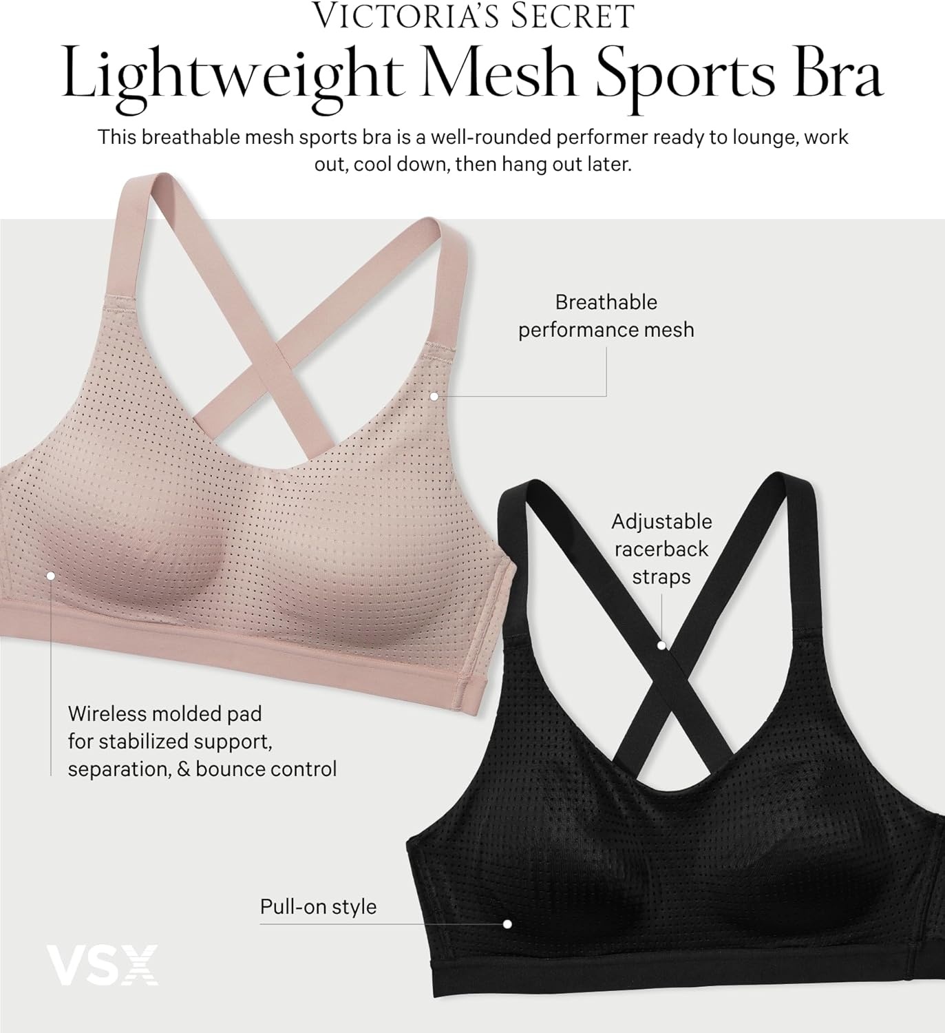 image:imageVictorias Secret Womens VSX Lightweight Mesh Sports Bra Wireless Support 32A38DDBare Taupe