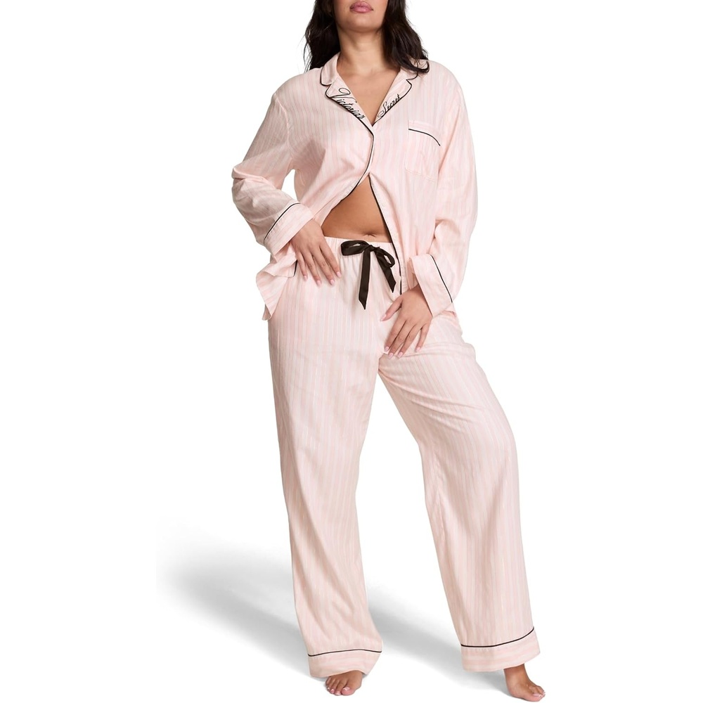 image:imageVictorias Secret Flannel Pajama Set Long Sleeve Button Down Shirt amp Pants Sleepwear for Women XSXXLPink Iconic Stripe Embroidery
