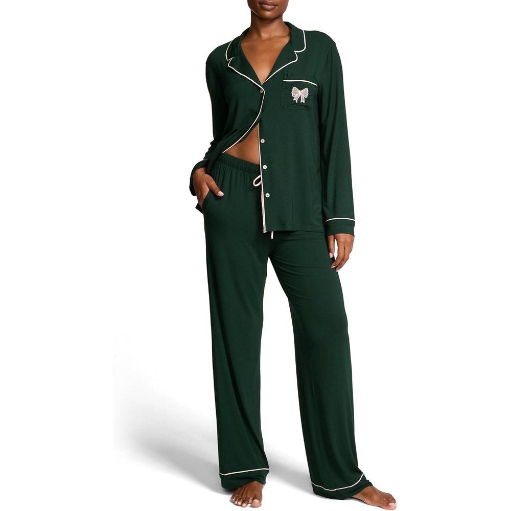 image:imageVictorias Secret Modal Pajama Set Long Sleeve Button Down Shirt and Pajama Pants Sleepwear for Women XSXXLCilantro Green