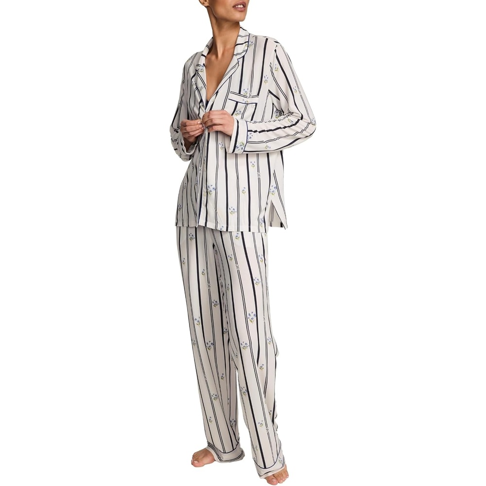 image:imageVictorias Secret Modal Pajama Set Long Sleeve Button Down Shirt and Pajama Pants Sleepwear for Women XSXXLCoconut White Floral Stripes