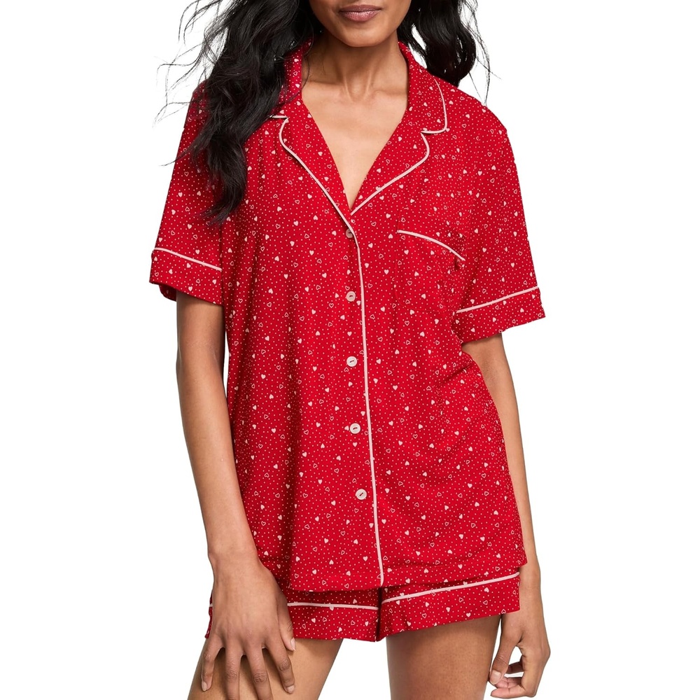 image:imageVictorias Secret Modal Pajama Set Short Sleeve Button Down Shirt and Shorts Sleepwear for Women XSXXLLipstick Heart Dots