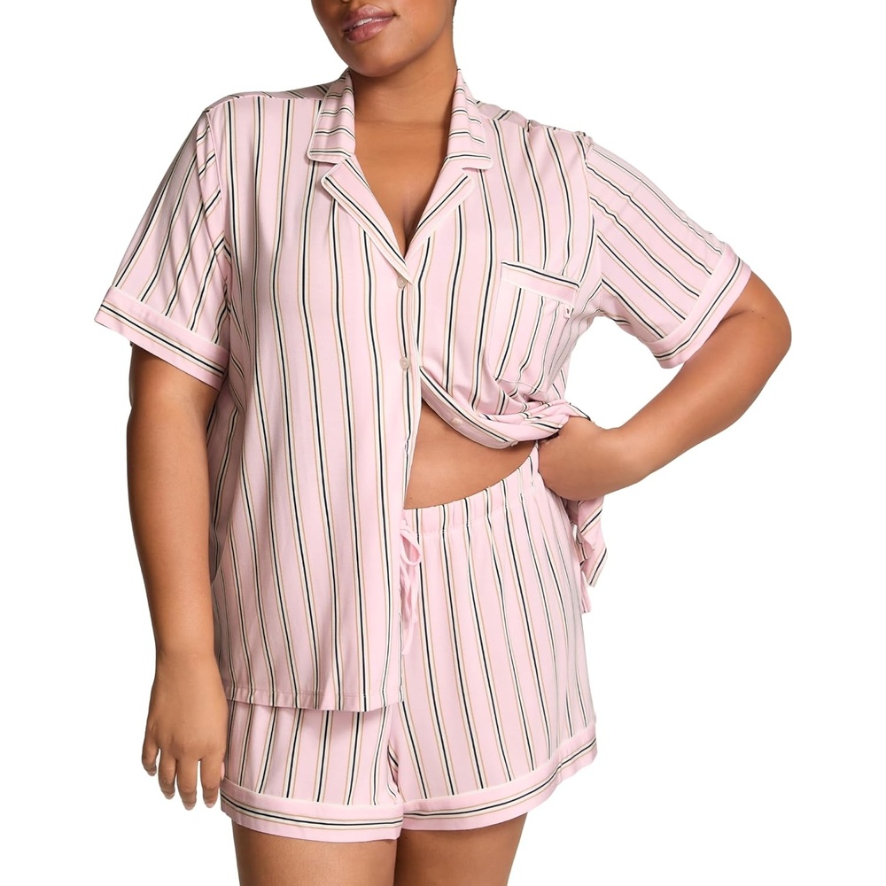 image:imageVictorias Secret Modal Pajama Set Short Sleeve Button Down Shirt and Shorts Sleepwear for Women XSXXLPretty Blossom Stripes