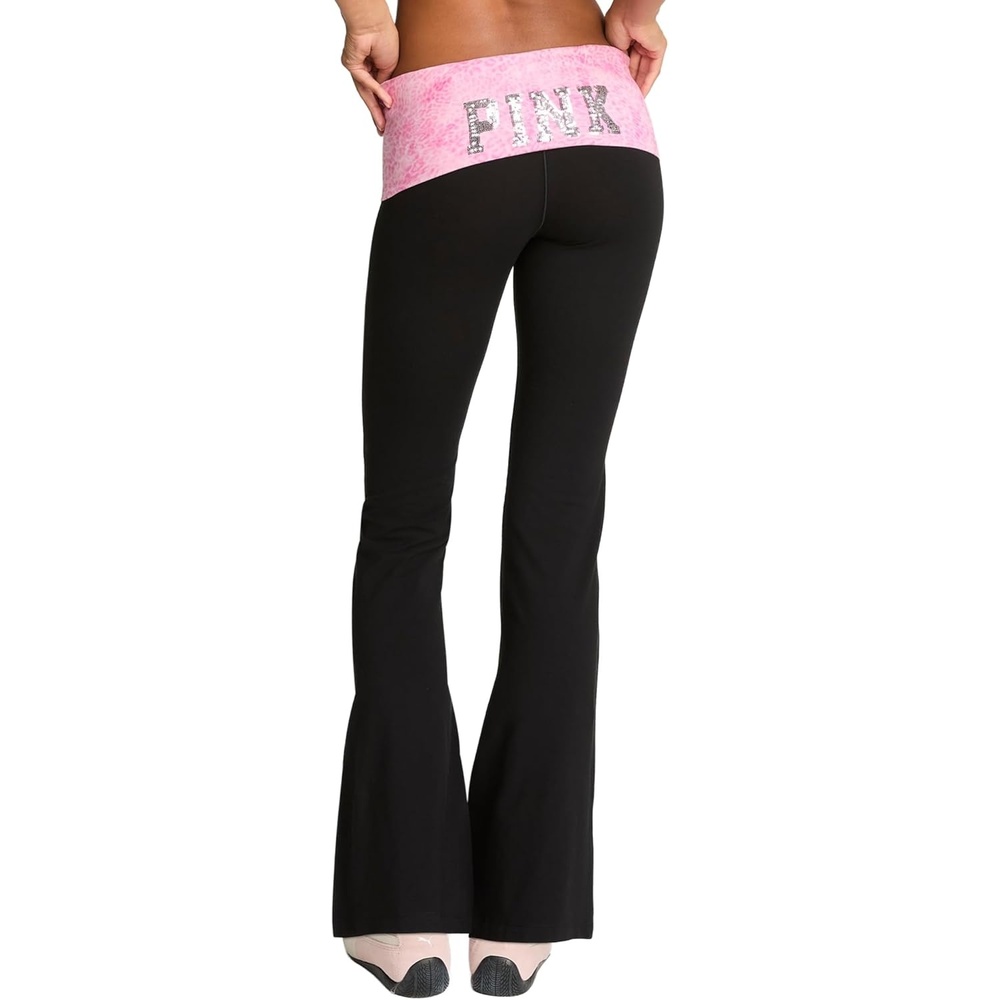 image:imageVictorias Secret Pink Womens Cotton Foldover Flare Leggings XSXLPure Black