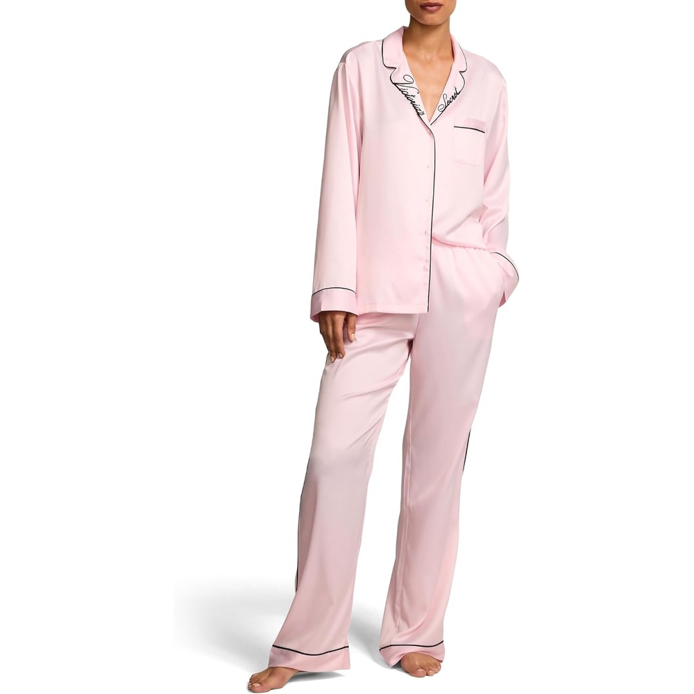 image:imageVictorias Secret Satin Pajama Set Long Sleeve Button Down Shirt amp Pants Sleepwear for Women XSXXLAngel Pink W Collar Embroidery