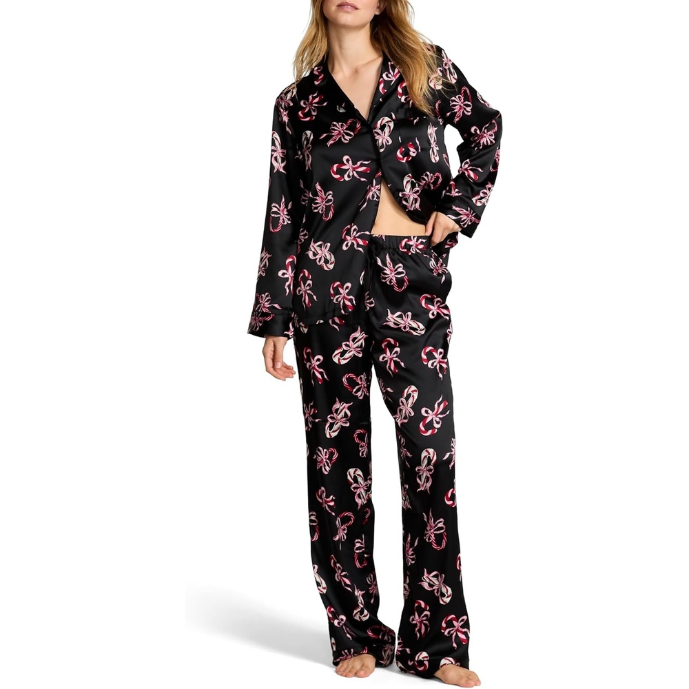 image:imageVictorias Secret Satin Pajama Set Long Sleeve Button Down Shirt amp Pants Sleepwear for Women XSXXLBlack Candy Canes