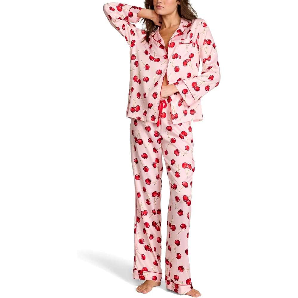 image:imageVictorias Secret Satin Pajama Set Long Sleeve Button Down Shirt amp Pants Sleepwear for Women XSXXLExploded Cherries