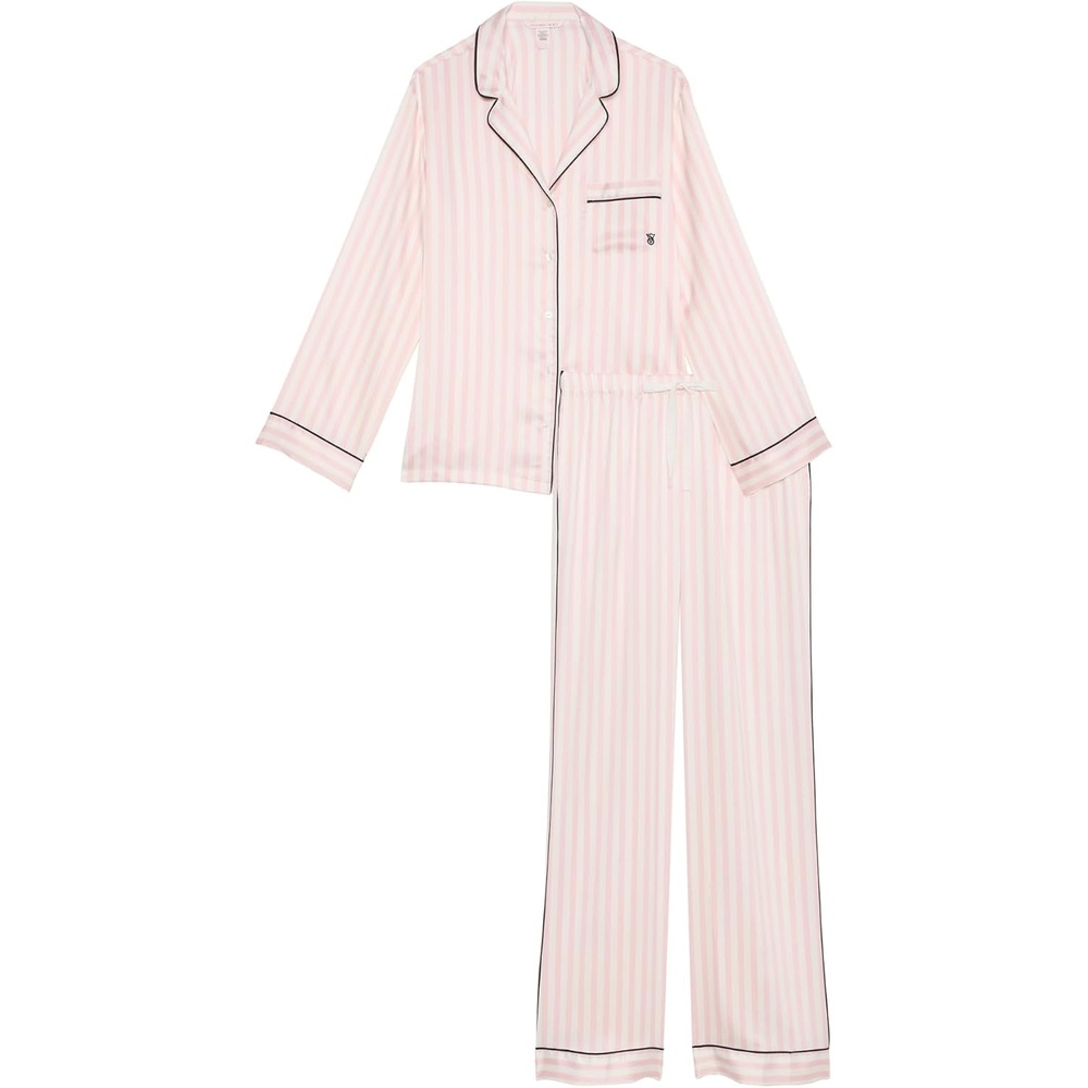 image:imageVictorias Secret Satin Pajama Set Long Sleeve Button Down Shirt amp Pants Sleepwear for Women XSXXLPink Iconic Stripe New Look
