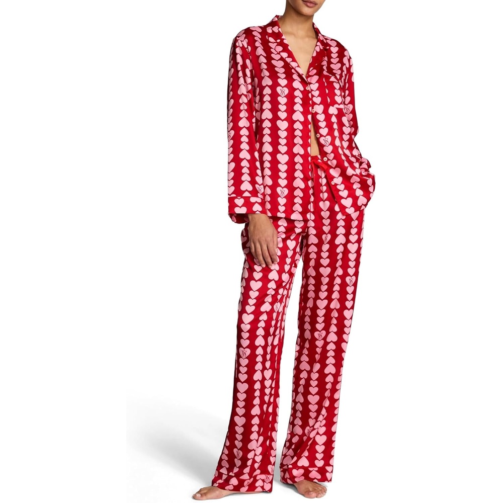 image:imageVictorias Secret Satin Pajama Set Long Sleeve Button Down Shirt amp Pants Sleepwear for Women XSXXLPink Scattered Hearts
