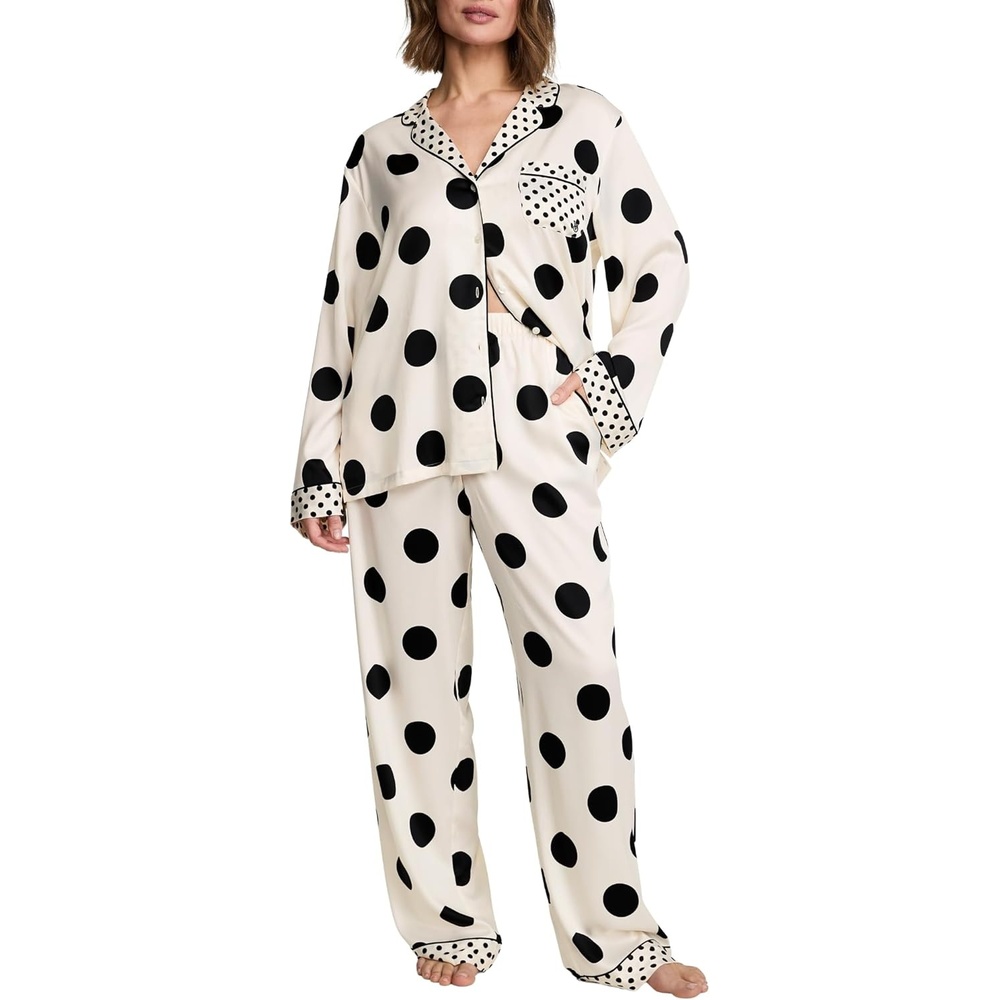 image:imageVictorias Secret Satin Pajama Set Long Sleeve Button Down Shirt amp Pants Sleepwear for Women XSXXLTanBlack Dots