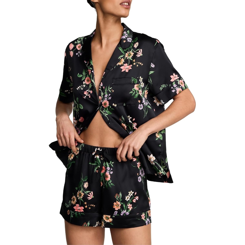image:imageVictorias Secret Satin Pajama Set Short Sleeve Button Down Shirt amp Shorts Sleepwear for Women XSXXLBlack Botanical