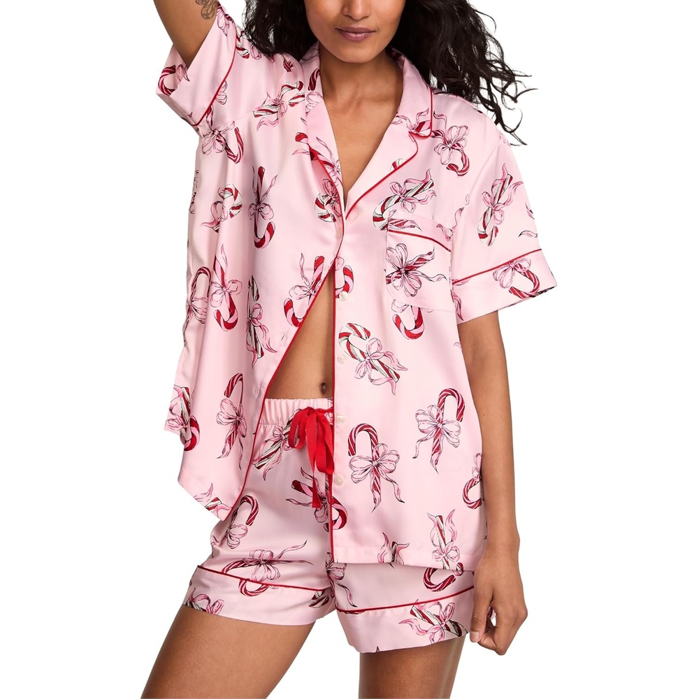 image:imageVictorias Secret Satin Pajama Set Short Sleeve Button Down Shirt amp Shorts Sleepwear for Women XSXXLCandy Canes