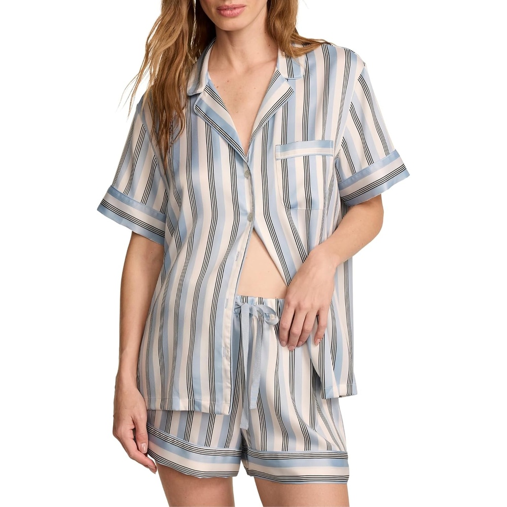 image:imageVictorias Secret Satin Pajama Set Short Sleeve Button Down Shirt amp Shorts Sleepwear for Women XSXXLCelestial Blue Stripes