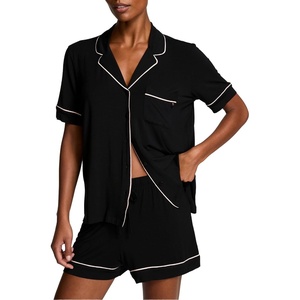Victoria’s Secret Modal Pajama Set, Short Sleeve Button Down Shirt and Shorts, Sleepwear for Women (XS-XXL)(Black)