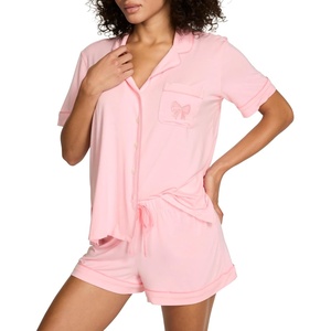 Victoria’s Secret Modal Pajama Set, Short Sleeve Button Down Shirt and Shorts, Sleepwear for Women (XS-XXL)(Pretty Blossom W Bow)