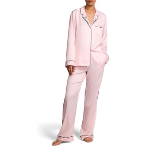 Victoria’s Secret Satin Pajama Set, Long Sleeve Button Down Shirt & Pants, Sleepwear for Women (XS-XXL)(Angel Pink W Collar Embroidery)
