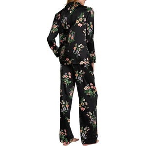 Victoria’s Secret Satin Pajama Set, Long Sleeve Button Down Shirt & Pants, Sleepwear for Women (XS-XXL)(Black Botanical)