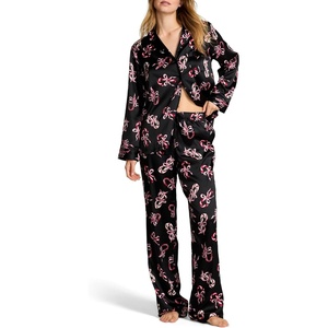 Victoria’s Secret Satin Pajama Set, Long Sleeve Button Down Shirt & Pants, Sleepwear for Women (XS-XXL)(Black Candy Canes)