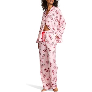 Victoria’s Secret Satin Pajama Set, Long Sleeve Button Down Shirt & Pants, Sleepwear for Women (XS-XXL)(Candy Canes)