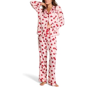 Victoria’s Secret Satin Pajama Set, Long Sleeve Button Down Shirt & Pants, Sleepwear for Women (XS-XXL)(Exploded Cherries)