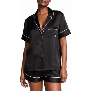 Victoria’s Secret Satin Pajama Set, Short Sleeve Button Down Shirt & Shorts, Sleepwear for Women (XS-XXL)(Black Logo (New Look))