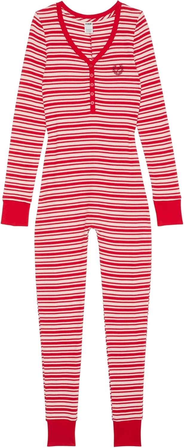 image:imageVictorias Secret PINK Thermal Onesie Pajama Set Sleepwear for Women XSXXLBright Vermillion Stripes