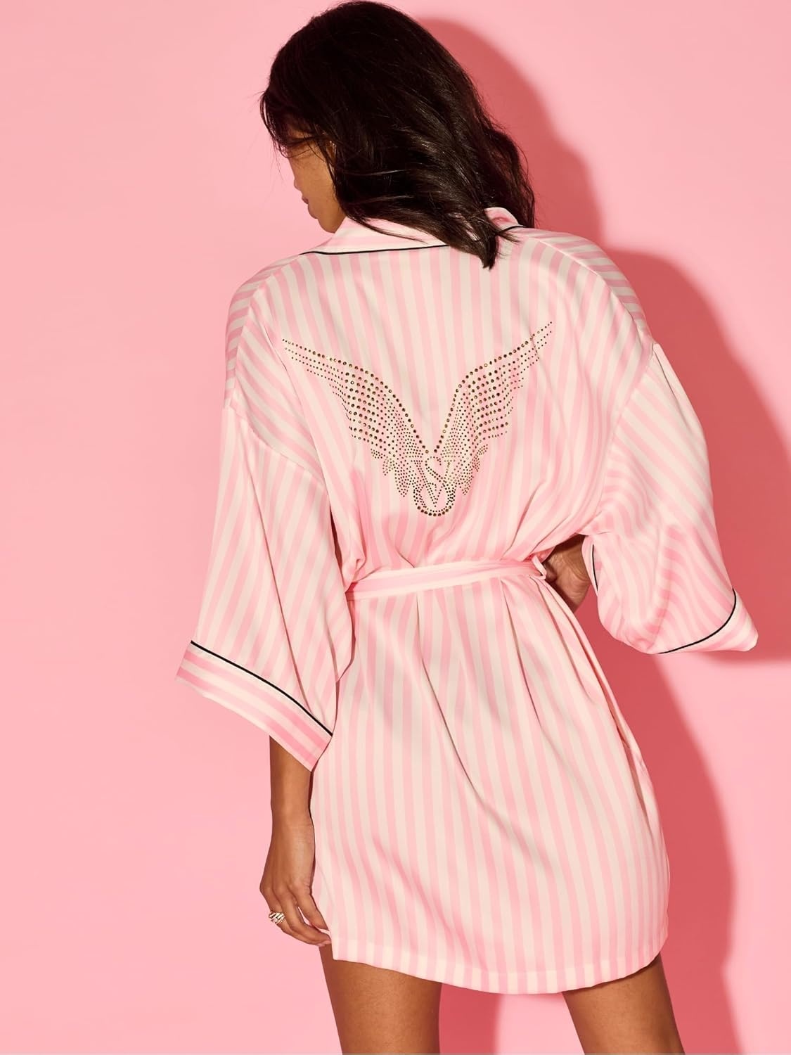 image:imageVictorias Secret Short Satin Piped Robe for Women XSXXLIconic Stripe Fashion Show