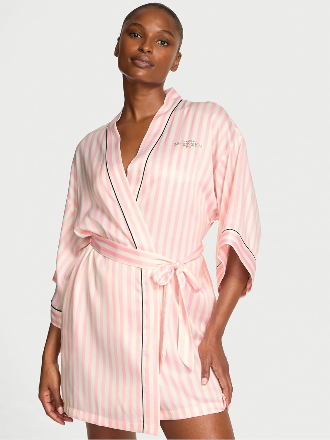 image:imageVictorias Secret Short Satin Piped Robe for Women XSXXLIconic Stripe Fashion Show