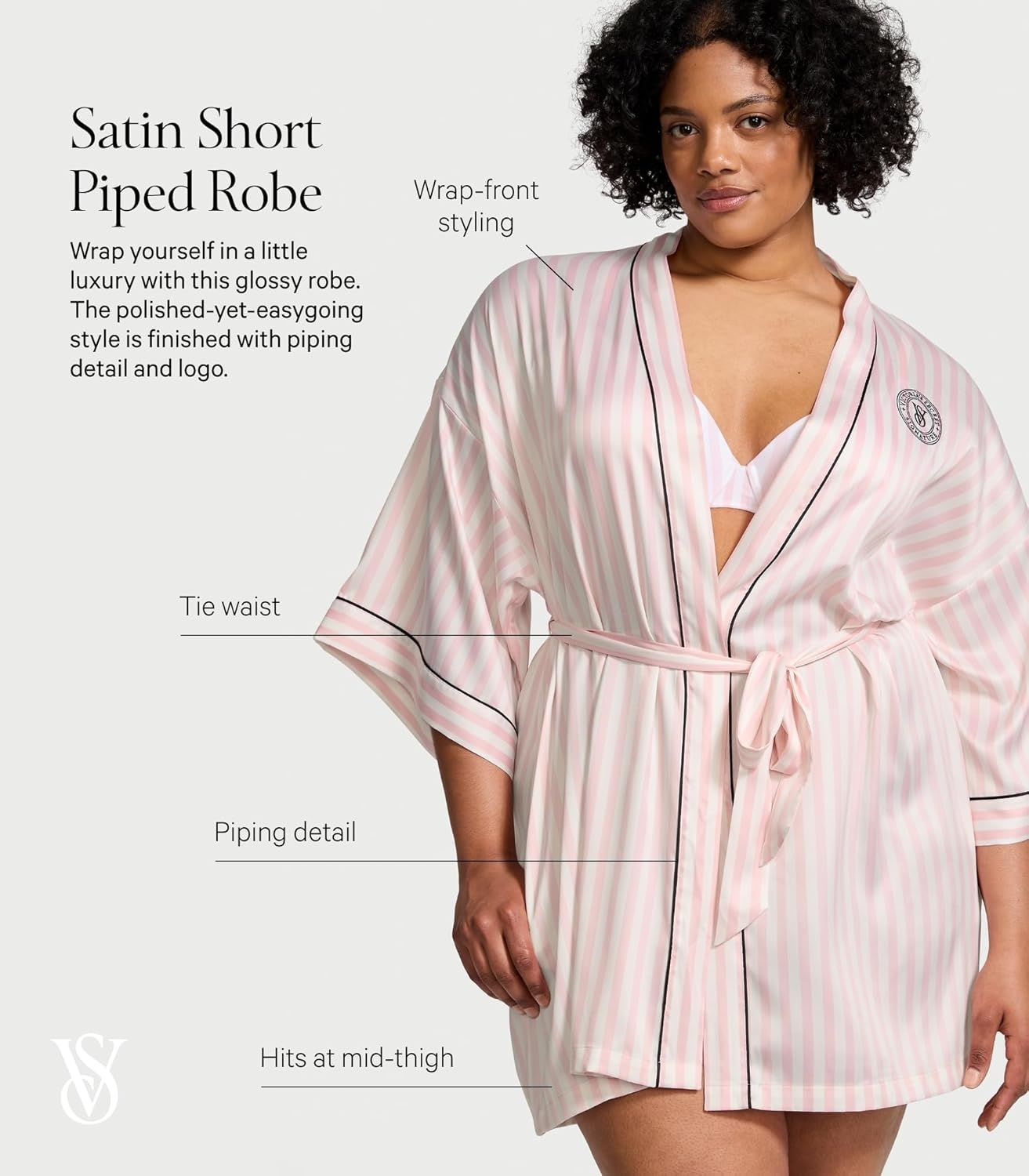 image:imageVictorias Secret Short Satin Piped Robe for Women XSXXLPink Iconic Stripe